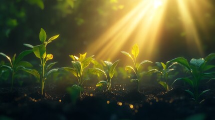 Poster - A beautiful sunrise illuminating a newly planted forest area, with rays of sunlight shining through the leaves, representing hope and renewal in nature.