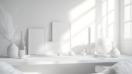 a minimalist virtual background of a modern workspace with all-white decor bright natural light and 