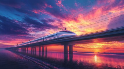 Fototapete - A breathtaking sunset view of a high-speed train crossing a majestic bridge, with vibrant colors illuminating the sky, symbolizing the future of travel.