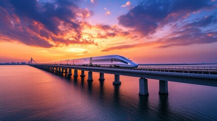 Fototapete - A breathtaking sunset view of a high-speed train crossing a majestic bridge, with vibrant colors illuminating the sky, symbolizing the future of travel.