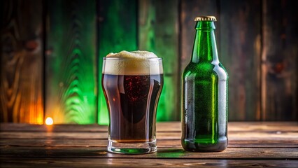 Wall Mural - Macro Photo: Empty Glass & Open Green Beer Bottle on Light Background