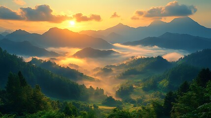 Wall Mural - Sunrise over misty mountain valley landscape