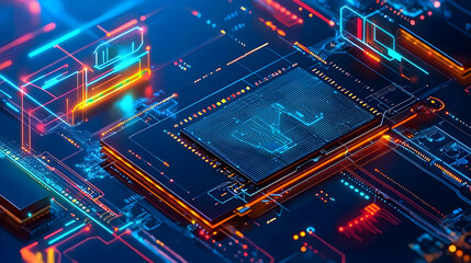 Wall Mural - futuristic circuit board with glowing elements and intricate design patterns