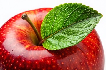 Wall Mural - Macro Photography: Juicy Red Apple with Green Leaf, Isolated on White Background