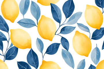 Wall Mural - Watercolor pattern with lemons png. Pattern with yellow lemons and blue leaves. Hand drаw a pattern of lemons. Vector illustration