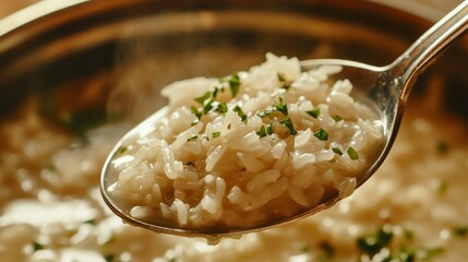 Wall Mural - A close-up of a spoonful of hot rice soup, highlighting the tender rice and rich broth, inviting viewers to indulge in this comforting dish.