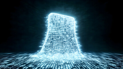Glowing digital code phone, dark background, data streams, tech concept