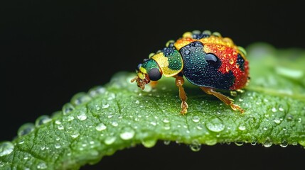 Poster - A close-up of a vibrant green leaf adorned with dew droplets, showcasing a colorful ladybug perched delicately, highlighting the beauty of nature's small creatures.