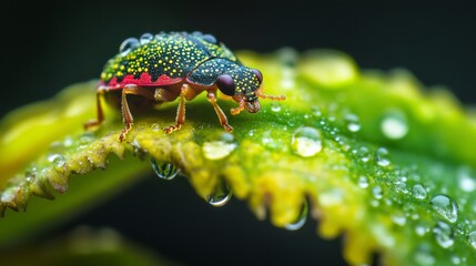 Poster - A close-up of a vibrant green leaf adorned with dew droplets, showcasing a colorful ladybug perched delicately, highlighting the beauty of nature's small creatures.