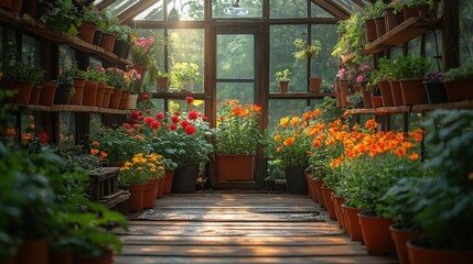 Wall Mural - Vibrant greenhouse filled with blooming flowers and plants, sunlight streaming through glass (1)