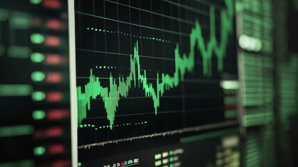 Poster - A financial chart displaying stock market trends on a computer screen, with green and red candlesticks, highlighting a bullish market surge.