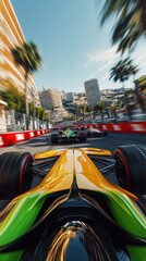 Wall Mural - Vibrant yellow and green Formula One car speeds down the track, blurring past palm trees and cityscape under clear blue sky