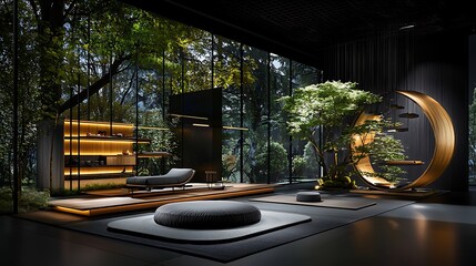 Sticker - Modern Zen garden room design, forest view, relaxation space, interior design, showroom display