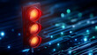 © sornram - A vibrant digital representation of a traffic light signaling stop against a backdrop of abstract circuitry.