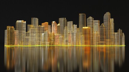 Poster - Digital Neon City Skyline Wireframe Illustration