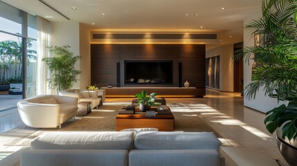 A modern living room featuring a minimalist design with a sleek entertainment center, potted plants, and a stylish area rug, creating a welcoming atmosphere.