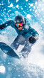 © sommersby - Snowboarder carving through fresh powder on vibrant winter day