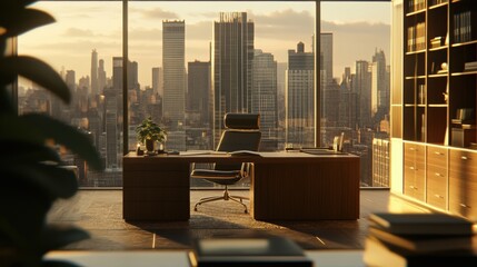 Wall Mural - Modern office interior with a view of a city skyline during sunset, showcasing a sleek workspace