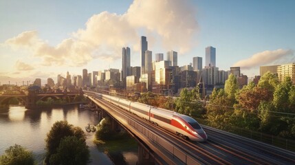 Poster - A panoramic view of a high-speed train zooming past a picturesque city skyline, illustrating the connection between urban areas and fast, efficient transportation.