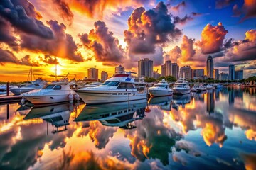 Wall Mural - Miami Beach Sunset: Double Exposure of Boats Docked in Biscayne Bay