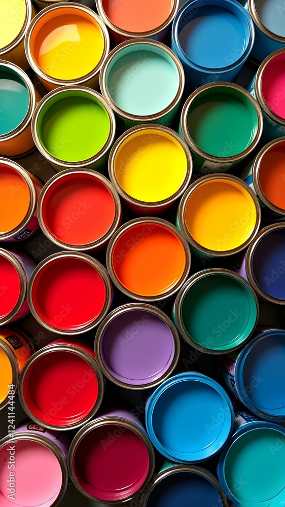 Paint Color Assorted Cans of Colorful Paint, Top View of Open Paint Buckets with Vibrant ...