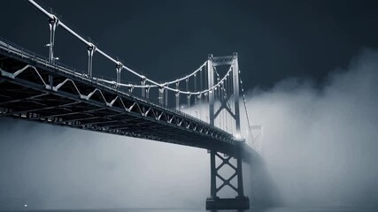 Aufkleber - Misty night view of an iconic suspension bridge illuminating foggy waters