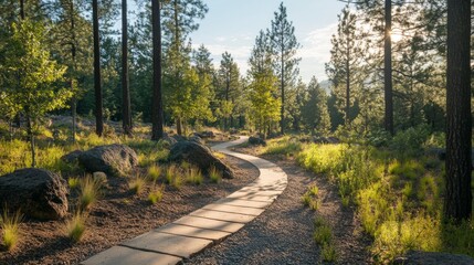Poster - A serene hiking trail surrounded by newly planted trees, inviting outdoor enthusiasts to enjoy and appreciate the beauty of restored natural landscapes.