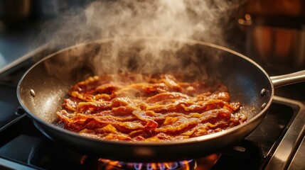 Wall Mural - A sizzling pan of crispy bacon strips cooking on a stovetop, with golden-brown edges and the delicious aroma wafting through the kitchen.