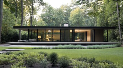 Poster - A sleek modern house with a flat roof, large glass panels, and minimalist landscaping, blending seamlessly with nature, showcasing clean lines and open spaces.