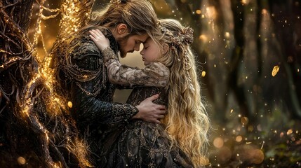 Poster - Enchanted reunion girl and boy embrace in mystical forest fantasy art ethereal setting close-up view