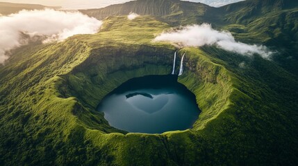 Sticker - An island waterfall illuminated by the sunset, set against a heavenly cloudscape