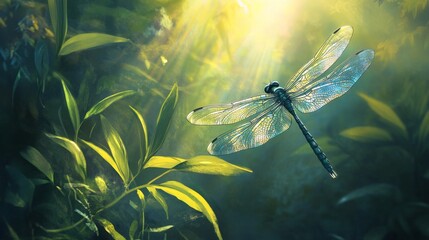 Poster - A tranquil scene of a dragonfly hovering over a sunlit leaf, its iridescent wings shimmering, emphasizing the grace and elegance of nature's insects.