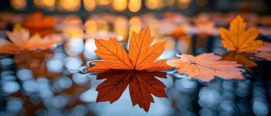 Wall Mural - A close-up of vibrant orange maple leaves floating serenely on a shimmering water surface, reflecting warm tones of autumn with a beautiful bokeh background.