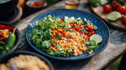 Wall Mural - A vibrant plate of traditional Thai , featuring minced meat mixed with fresh herbs, lime juice, and chili, garnished with crispy rice and fresh vegetables, capturing the essence of Thai cuisine.