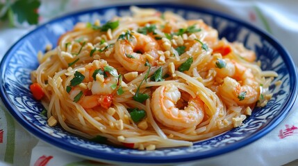 Wall Mural - A vibrant plate of , beautifully arranged with stir-fried rice noodles, shrimp, bean sprouts, and a sprinkle of crushed peanuts, capturing the colorful essence of this beloved Thai dish.