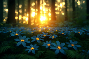 Wall Mural - Blue Flowers in a Dark Forest at Sunset