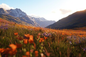 Poster - Mountain Meadow Wildflowers Sunset Landscape