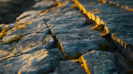 Wall Mural - Close-Up of Rocky Surface with Moss Under Golden Sunset Light