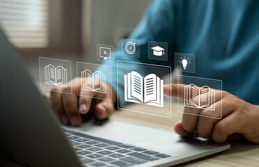 e-library and e-learning concept, person using laptop with virtual e-book icons for online knowledge