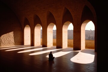 Wall Mural - Person meditates within a stone arched hall overlooking a distant city