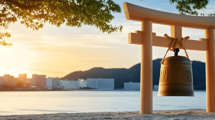 Sunrise over coastal city, bell hanging from torii gate.  Peaceful scene, ideal for travel or serenity themes