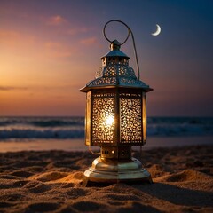 Wall Mural - lantern glowing on sandy beach during twilight with crescent moon and ocean waves in background