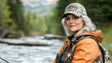 Woman fly fishing in mountain river, serene background, outdoor leisure activity, stock photo