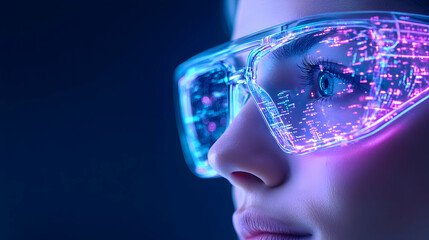 Wall Mural - woman wearing futuristic ar glasses, exploring digital data, dark background, tech innovation concep