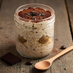 Sticker - Layered dessert in a jar with cocoa powder, chocolate pieces, and a wooden spoon on a rustic table