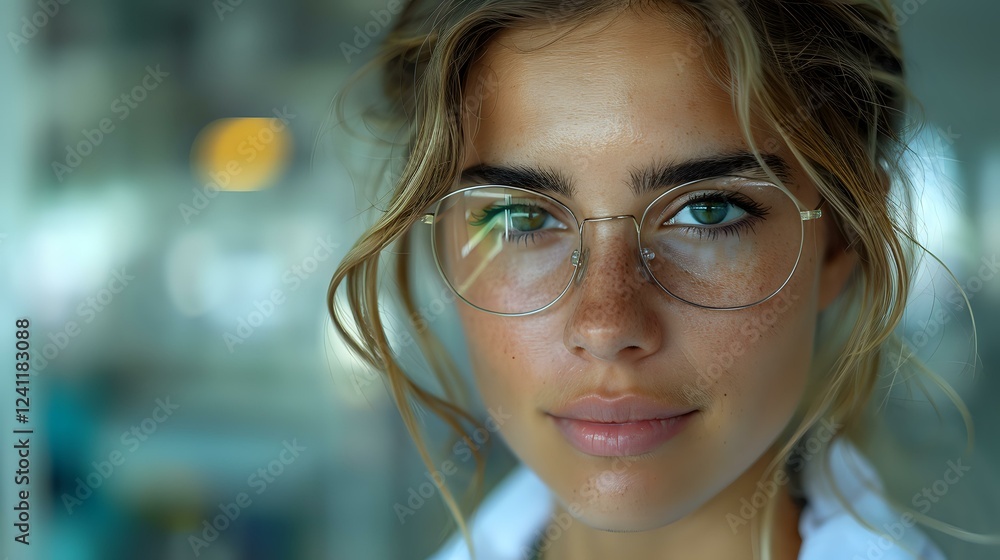 Young Caucasian woman wearing round glasses with loose strands of blonde hair framing her face, gentle smile and natural makeup against blurred teal background.