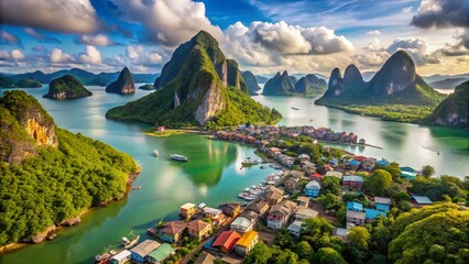 Wall Mural - Panoramic Koh Panyee Village, Phang Nga Bay, Thailand: Stunning Seascape & Mountains