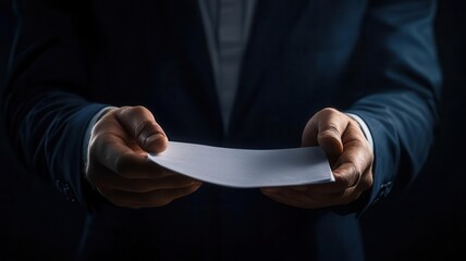 Employee nervously handing over confidential documents in a dimly lit office, symbolizing betrayal and corporate espionage