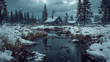 Wall Mural - Snowy cabin by stream, winter forest, snowfall background; winter scene