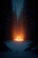 Wall Mural - Solitary Figure Walking Through A Snowy Forest Path